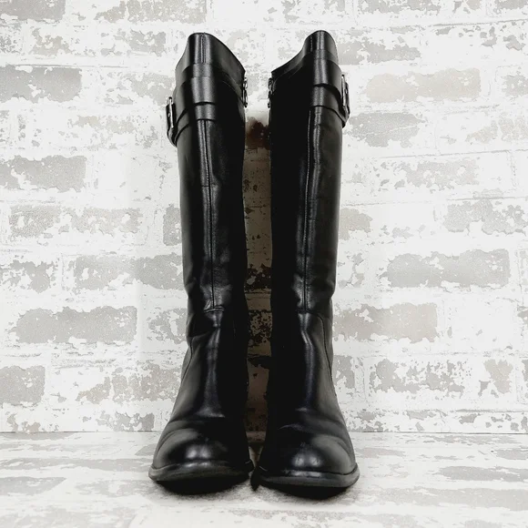 Tahari Kaley Black Leather Knee High Buckle Ridding Boots A920 - Picture 3 of 13
